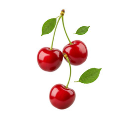 Fresh red cherries with vibrant green stems and leaves a delicious and healthy fruit isolated on transparent background