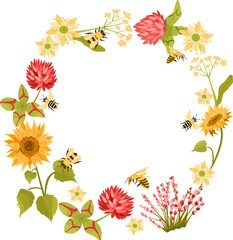 Obraz premium A bright and cheerful circular floral frame wildflowers, with adorable bees flying around. This wreath illustration is perfect for greeting cards, eco-themed invitations, seasonal decoration design.