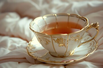Vintage black tea porcelain cup on linen with soft light and calm composition for text space