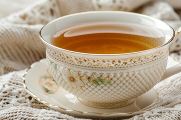 Vintage porcelain cup of black tea on linen cloth with soft ambient light and muted warm tones