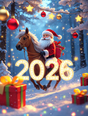 new year card with santa claus and a horse