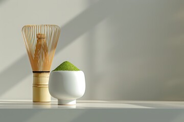 Serene matcha tea bowl with bamboo whisk on matte pastel background for minimalist stock photography