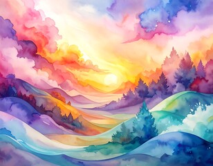 Fototapeta premium Watercolor landscape of rolling hills, trees and vivid sunset