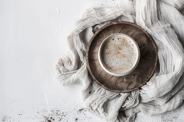 Tranquil tea ceremony setting with delicate ceramic cup on wooden tray against airy white background