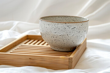 Delicate ceramic cup on wooden tray  serene tea ceremony background with airy glow and ample space