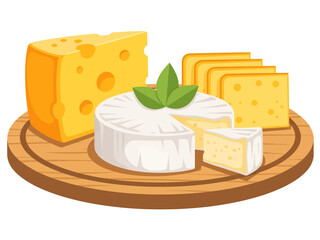 A rustic wooden board presents a savory trio of dairy delights, featuring a large Swiss wedge, fanned yellow slices, and a creamy wheel of Brie garnished with fresh green leaves