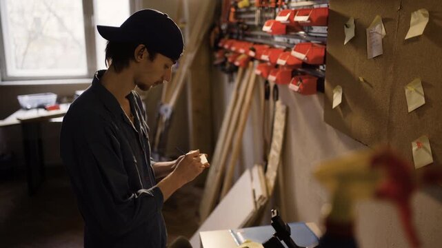 Professional workshop worker in blue overalls writing notes and pinning them on corkboard