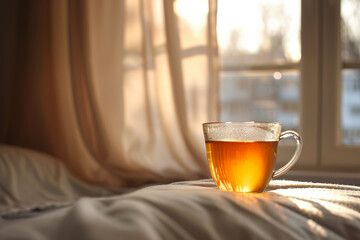 Cozy herbal tea in a glass cup with soft natural light and modern simple background