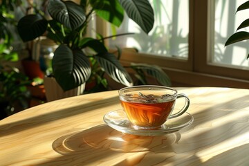 Cozy herbal tea in a glass cup with gentle natural light and soft shadows on a modern background