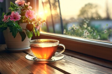 A cozy glass of herbal tea captured in natural light against a simple modern background