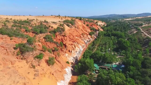 Aerial view of the Fairy Stream in Mui Ne: striking red sandstone formations and lush green jungle under a clear blue sky.