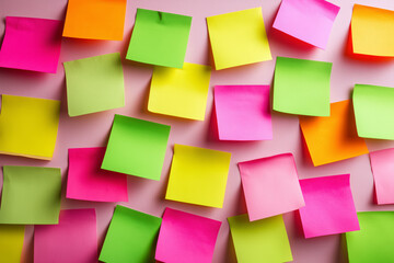 Colorful sticky notes on pink background for organization and planning