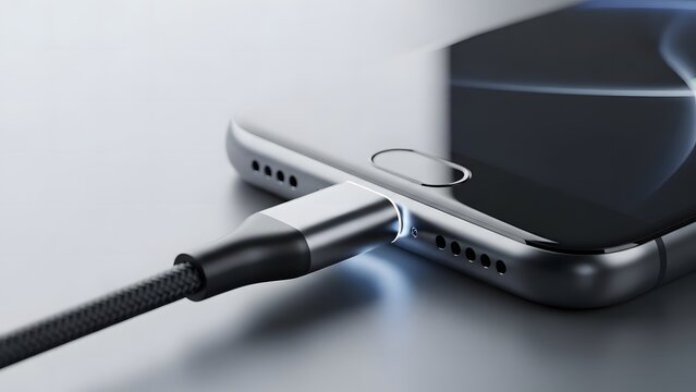 Dynamic close-up of a sophisticated mobile computing device receiving power through a high-speed data and charging cable, showcasing modern connectivity and efficient energy replenishment