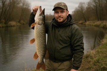 Angler proudly holds a large northern pike on riverbank, trophy freshwater predator catch on an overcast day.