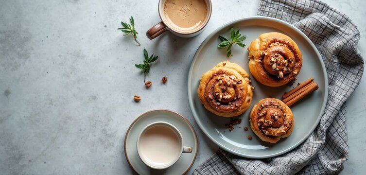 Freshly baked cinnamon buns with nuts and coffee latte are on a light grey table. This scandinavian fika break has two cups of coffee and a pastry. Delicious homemade dessert.