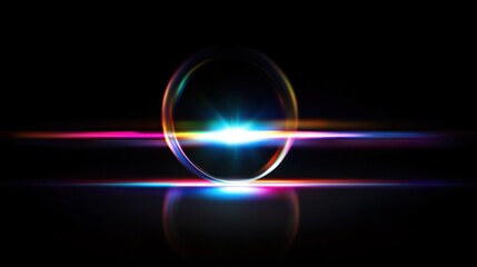 Horizontal and ring Holographic lens flare reflection abstract black background light reflection, rainbow blurred light reflection texture