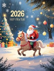 new year card with santa claus and a horse