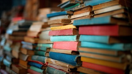 Old books stacked on a wooden shelf in a quiet corner of a library