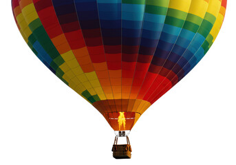 Fototapeta premium A large, vibrant hot air balloon with a dynamic, swirling full spectrum of bright colors and wicker basket, on a transparent background with copy space, concept of adventure and optimism