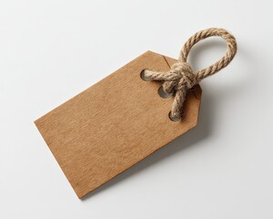Blank Textured Brown Paper Price Tag With Rope Hanger Isolated On White Studio Background