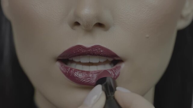 A person applying dark red lip gloss to their lips