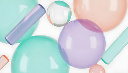 Pastel Glossy 3D Spheres Cylinders: Mint Lavender Peach Floating Clean Background