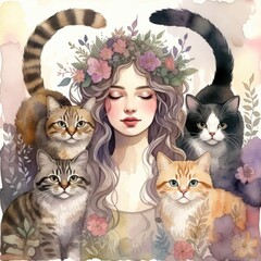 Bold floral typography poster with humorous phrase mom of four cat butts filled with colorful flowers and leaves on white background, playful pet themed wall art with modern decorative style.