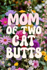 Hand painted watercolor typography poster with funny phrase mom of two cat butts surrounded by floral and leaf elements on light textured background