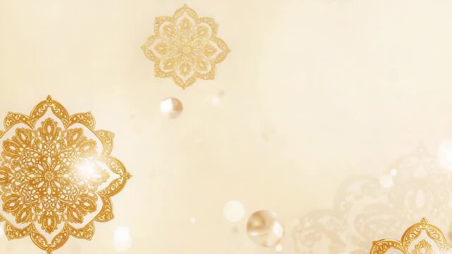 Gliding gold mandala across ivory backdrop as loop starts, beads glinting, forming loop, copy space