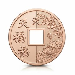 Isolated Feng Shui Coin With Prosperity Symbols and Lotus