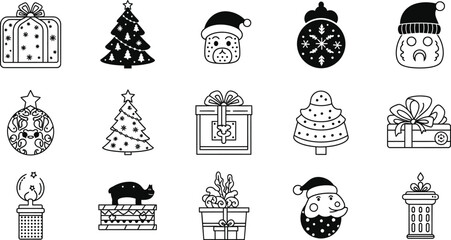 Naklejka premium Collection of festive black and white Christmas icons featuring gift boxes, decorated trees, Santa Claus, and holiday ornaments.