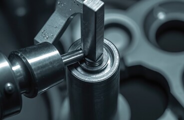 Mechanical caliper measures precise metal component dimensions. Gauge tool checks tolerance accuracy in workshop. Industrial equipment verifies quality control in manufacturing plant.