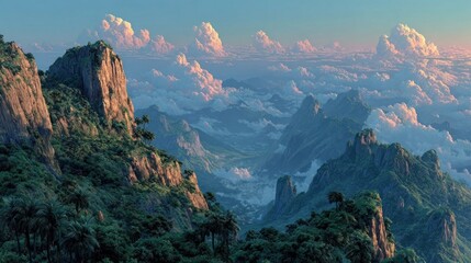 A surreal landscape where a broad plateau meets the sky, surrounded by lush jungle and towering cliffs