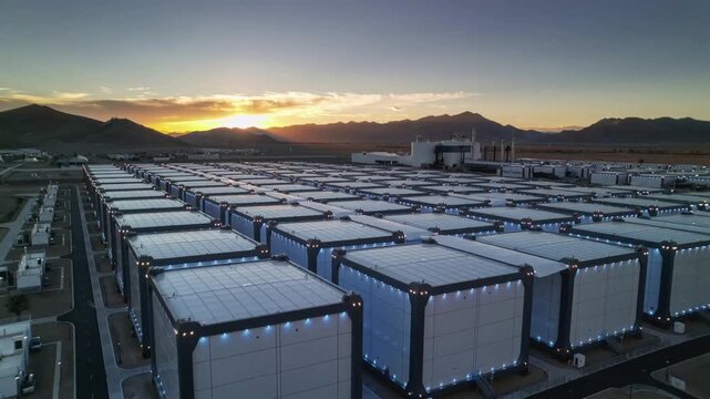 Giant modular battery energy storage facility at sunset
