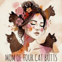 Playful typography poster with funny quote mom of three cat butts decorated with floral elements on light background, humorous pet themed design with hand drawn style. Concept of motherhood humor and 