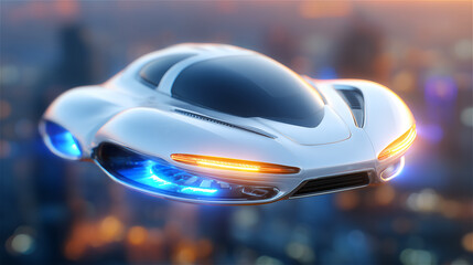 Futuristic flying car or drone taxi hovering above a city at dusk with glowing lights. Concept art of next-generation mobility, autonomous transport, and smart urban future.