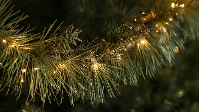 Showing pine branch, needles, cone swaying on tree as camera shifts, micro-LED pulsing warm glow