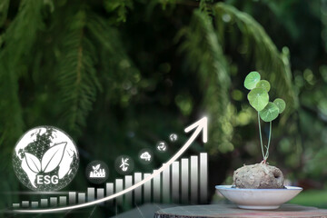 Soft Growing Plant backgroud with ESG Investment Growth Concept: Green Business Development and Sustainable Earth and Rising Bar Chart