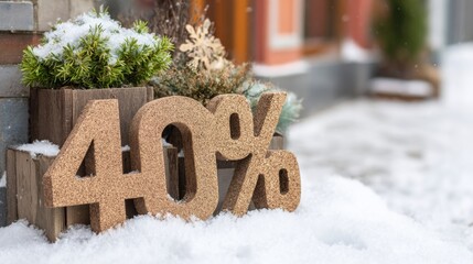Sale sign with 40 percent discount in snowy setting outside a store