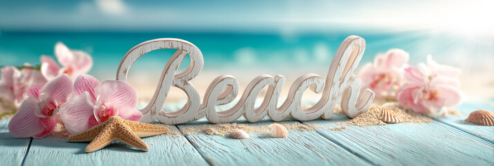 Close-up of a Hyper-Realistic White Wooden Beach Sign on Blue Planks with Sand, Seashells, Starfish, Pink Orchids and Soft Ocean Horizon. Perfect for a summer beach template. Generative Ai.