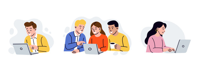 People working on laptop. Men and women using computer, online communication. Teamwork project, employee office work. Programmer or freelancer. Vector cartoon flat style isolated illustration