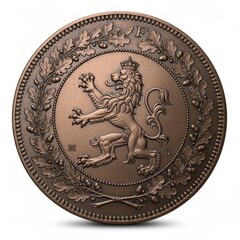Detailed Close-Up of a Copper Coin Depicting a Crowned Lion Surrounded by Oak Leaves