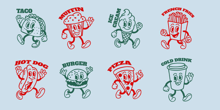 Fast food characters. Vintage mascot. Pizza, funny burger and hot dog. Taco Mexican, sweet muffin and ice cream. French fries snack. Line elements. Vector cartoon flat style isolated illustration set