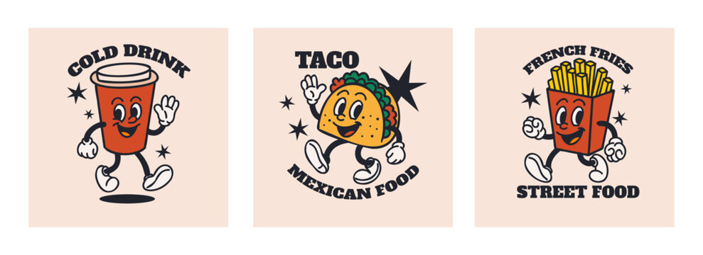 Happy Fast food character. Vintage mascot waving hands. Hot and tasty cafe and restaurant label. Poster or card mexican taco and french fries with cola vector cartoon flat isolated illustration