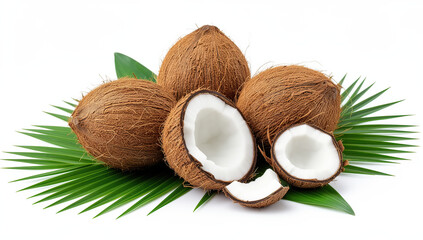 Group of whole and halved coconuts with green palm leaves, isolated on white.