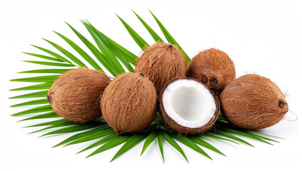 Group of whole and halved coconuts with green palm leaves, isolated on white.