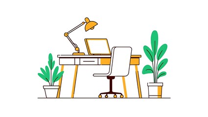 Minimalist contemporary workspace line art vector showing empty home office desk with ergonomic chair, computer, lamp, and plants, isolated on clean white background for productivity.