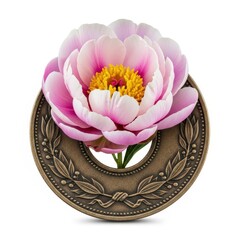 Pink Peony Blossom in Decorative Metal Frame on White