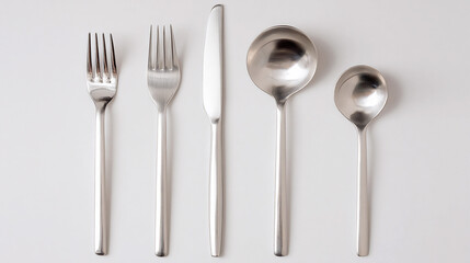 Set of cutlery arranged on a plain background for dining use