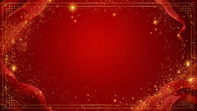 Playing animating red backdrop showing fixed gold border waving ribbons and gold sparks for overlay
